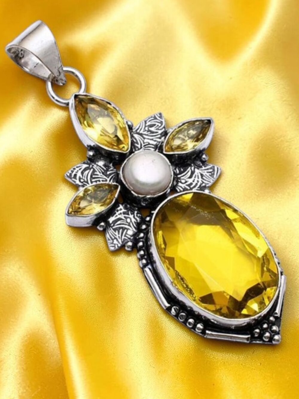 Citrine and Pearl Gemstone Handmade Pendant 2.88"